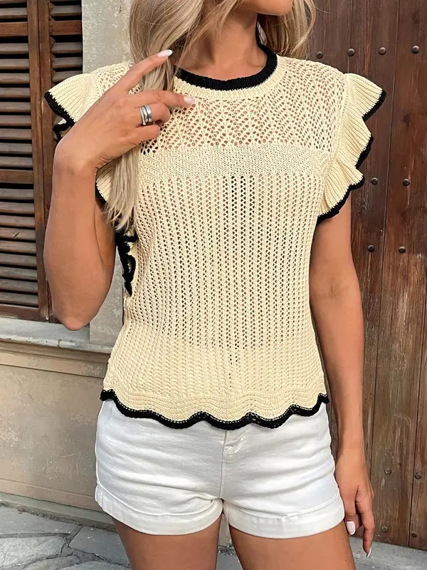 Women's Contrast Binding Sweater without Bottom, Casual Cap Sleeve Round Neck Knit Top for Summer, Fashion Women's Knitwear for Daily Wear 2