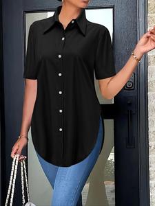 Camisa con botones en el dobladillo curvo liso para mujer, Top casual de manga corta para verano, ropa de mujer para uso diario