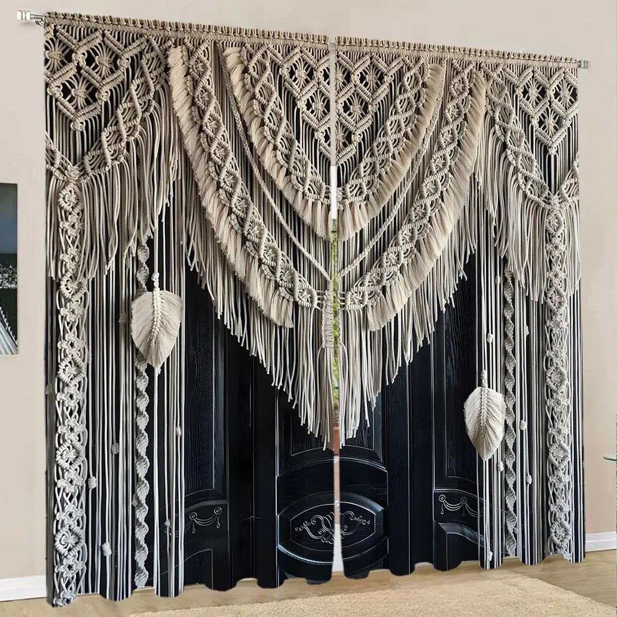 Boho Braided Tassels Pattern Curtain, 2 Counts/set Creative Decorative Curtain, Window Curtain for Home Living Room Bedroom Office