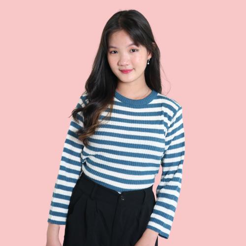 Atasan 0blong Salur Wanita Kaos O-neck Knit Rajut Style Korea Baju Fit 1