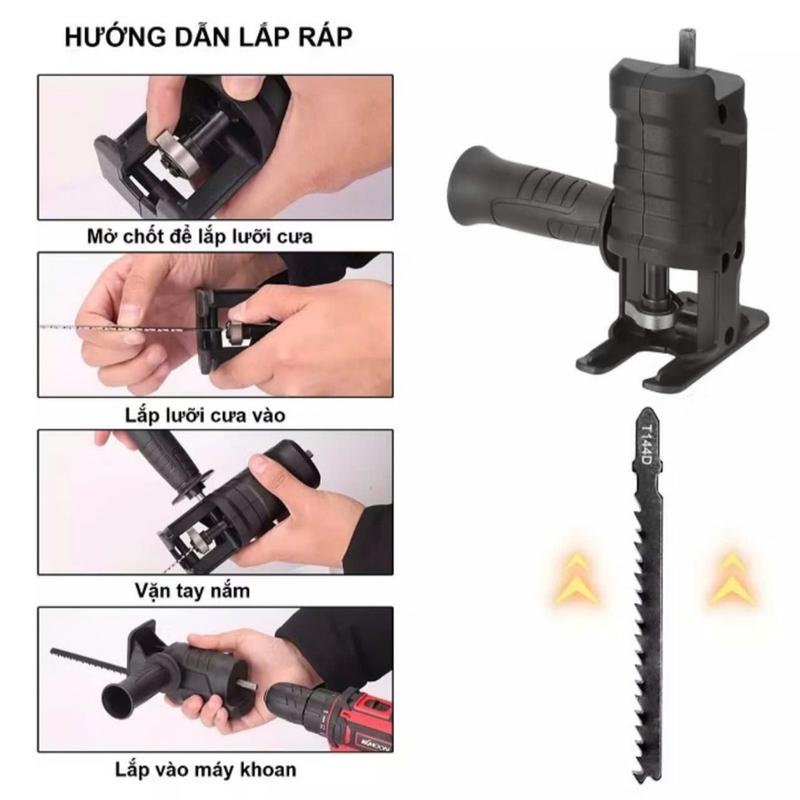 Bộ chuyển đổi máy khoan thành máy cưa cầm tay điện kèm 3 luoi cưa cắt gỗ kim loại lắp được khoan pin và khoan điện. Cắt: Gỗ, kim loại, PVC 1