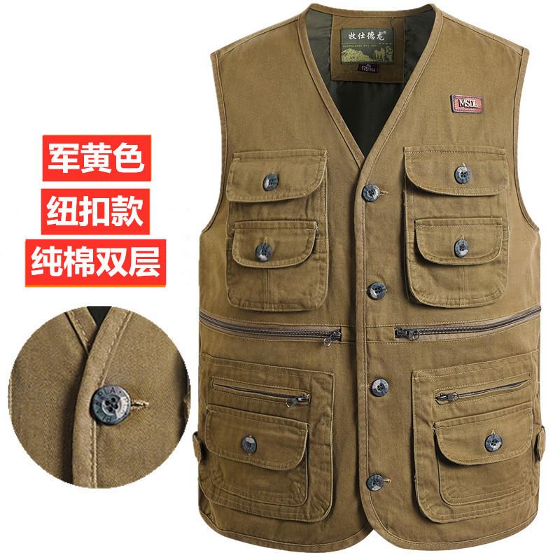 Product Introduction of Spring and Autumn Pure Cotton Men's Vest Middle-Aged and Elderly Hurdle Vest Jacket Men's Dad Button with Buttons Multi-Pocket Vest Menswear Tops Lingerie Gilet Waistcoat Beige Plain Human Tropical 26