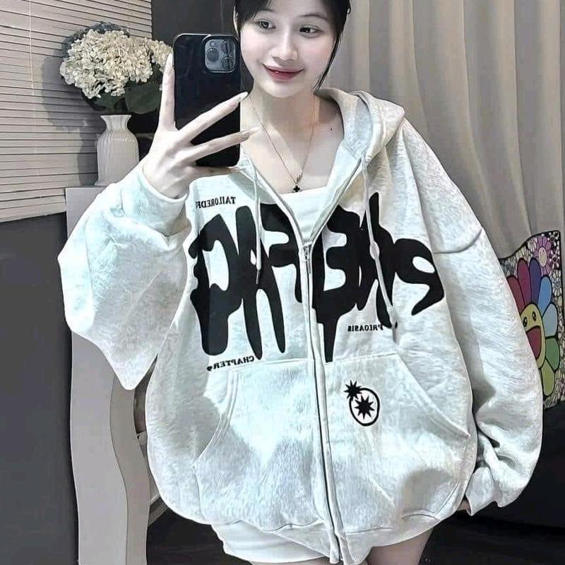 ÁO KHOÁC NỈ IN SAO CHẤT NỈ COTTON ẤM Nữ Top Hoodie Xám áo  khoác