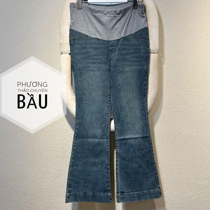 Quần loe jean bầu màu xanh chất mềm co giãn nhẹ,đáp bụng và chun chỉnh