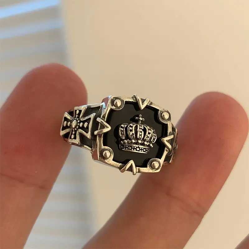 【zhamus】Retro Thai-silver Crown Open Ring Hip Hop Dark Ring Women Fashion Cross Index Finger Ring 1