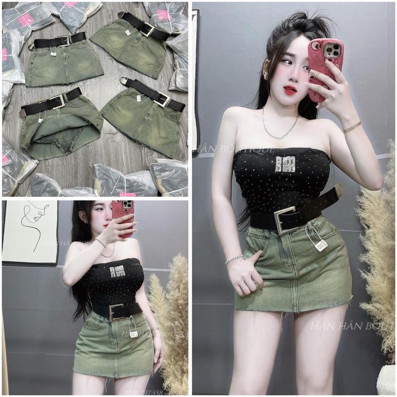 Chân Váy Jean Lua Tua Phối Nịt Đai Bảng To Ôm Dáng