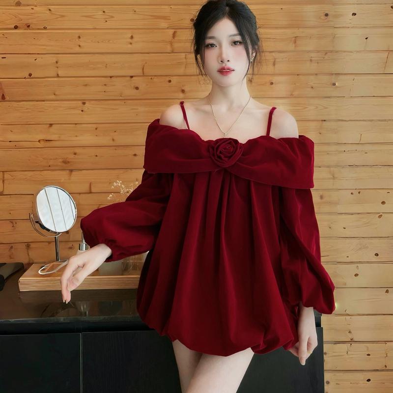 Set váy , áo trễ vai dáng  babydoll phối bèo hoa nơ ngực chất nhung mịm kèm quần short tiểu thư sang chảnh [ M070 ] Kem