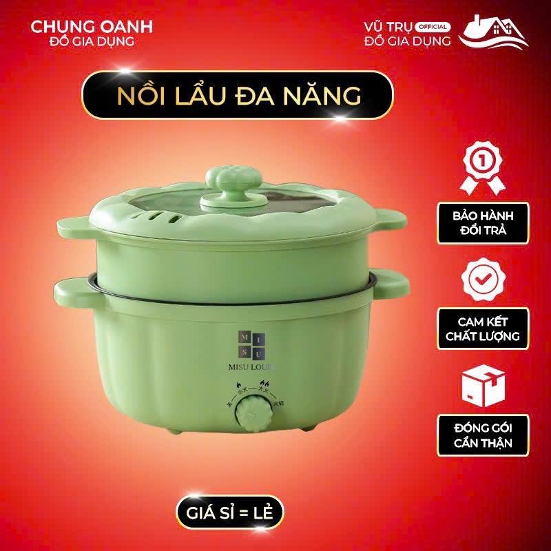 Nồi Điện Bí Ngô 28cm Đa Năng Kèm Xửng Hấp 2 Tầng Có Tay Cầm Size 28Cm, Nồi Lẩu Dung Tích 4L Chiên, Sào, Nấu Cơm Nồi Lẩu Điện Inox Nấu Ăn Nồi Hấp