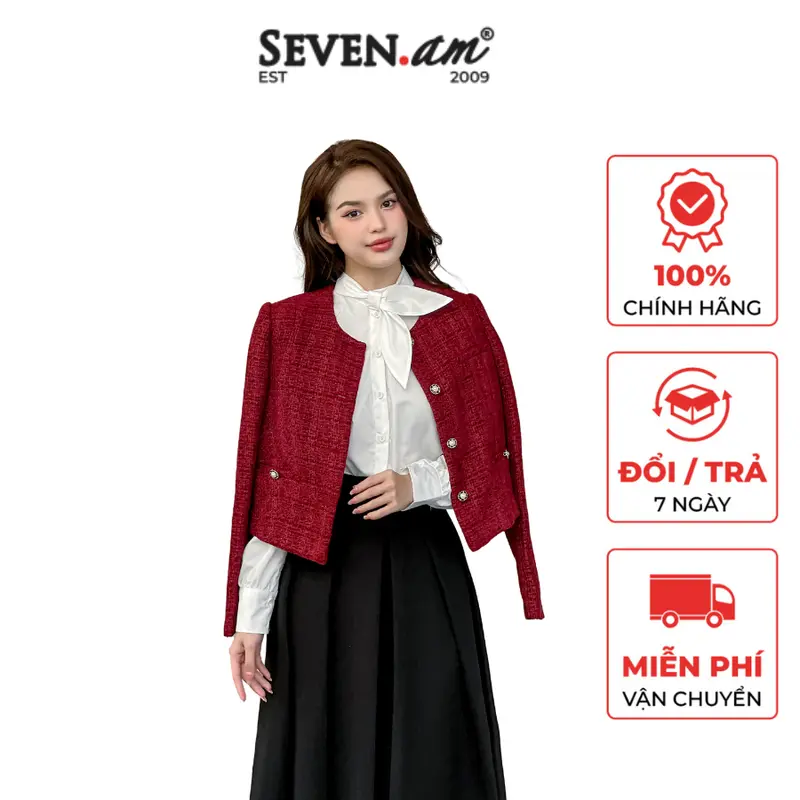 Áo khoác dài tay đỏ đậm cổ tròn thời trang nữ Seven.AM OA0100I 0