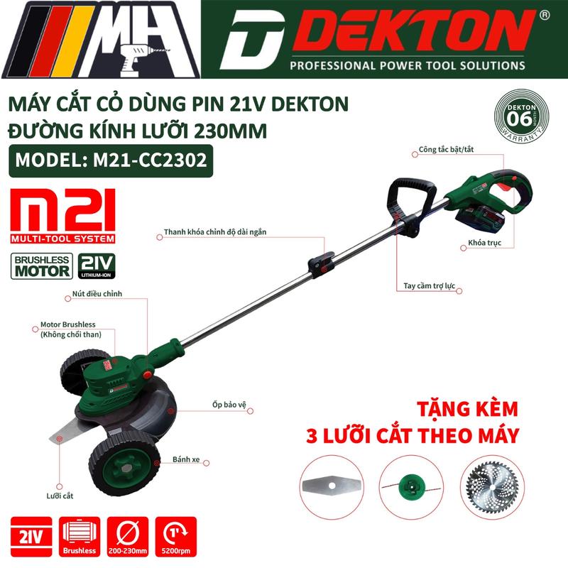 Máy Cắt Cỏ Dùng Pin Dekton M21-CC2302 - Đường Kính Lưỡi 230mm - Motor Brushless - Chân Pin Phổ Thông - Có Bánh Xe