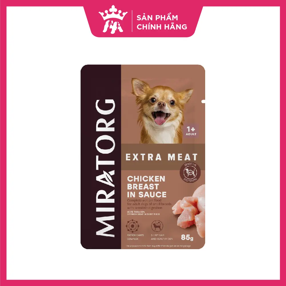 (85g) Thức ăn ướt Miratorg xốt thịt cho chó trưởng thành có hệ tiêu hóa nhạy cảm | vị Thịt Gà | Hỗ trợ tiêu hóa khỏe mạnh [Hạt siêu thịt - Vị siêu ngon]
