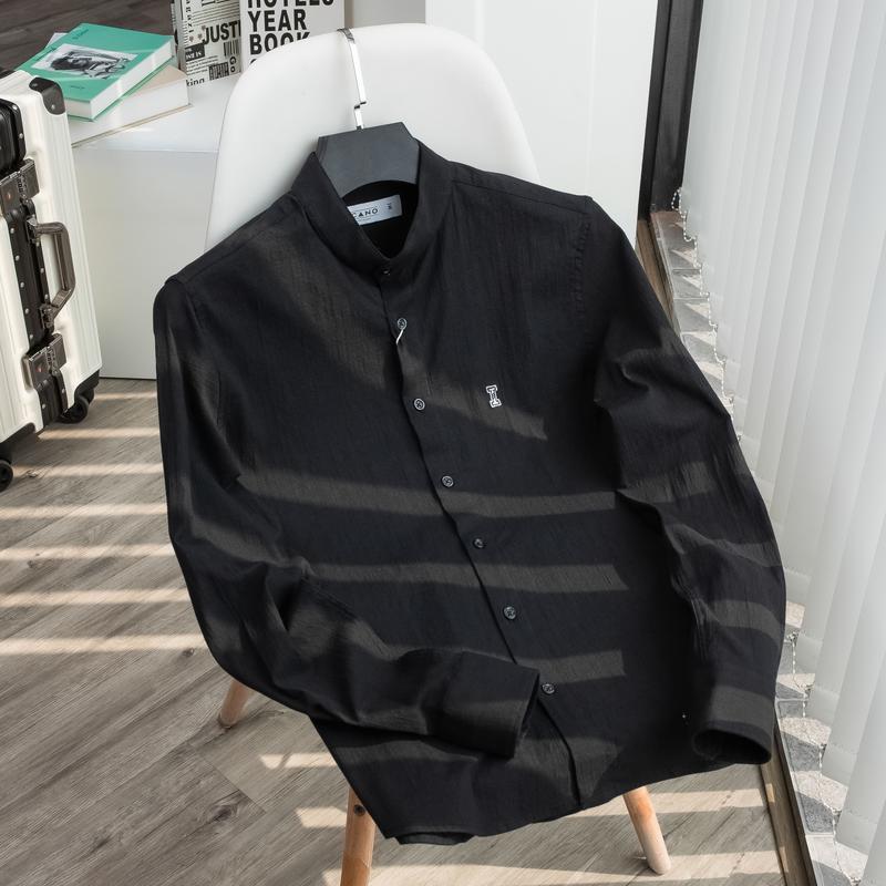 ICANO MENSWEAR Áo Sơ Mi Cổ Tàu Dài Tay Vải Linen Co Giãn Màu Đen 1
