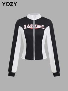 YOZY-GOOO Women's Colorblock Letter Print Zip Up Jacket, Casual Long Sleeve Stand Collar Outerwear for Fall & Winter, Ladies Clothes for Daily Wear