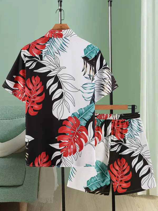 Two-Piece Set Men's All Over Print Short Sleeve Shirt & Shorts Set, Regular Fit Casual Button Front Collared Top & Shorts, Summer Clothes Set for Men 2