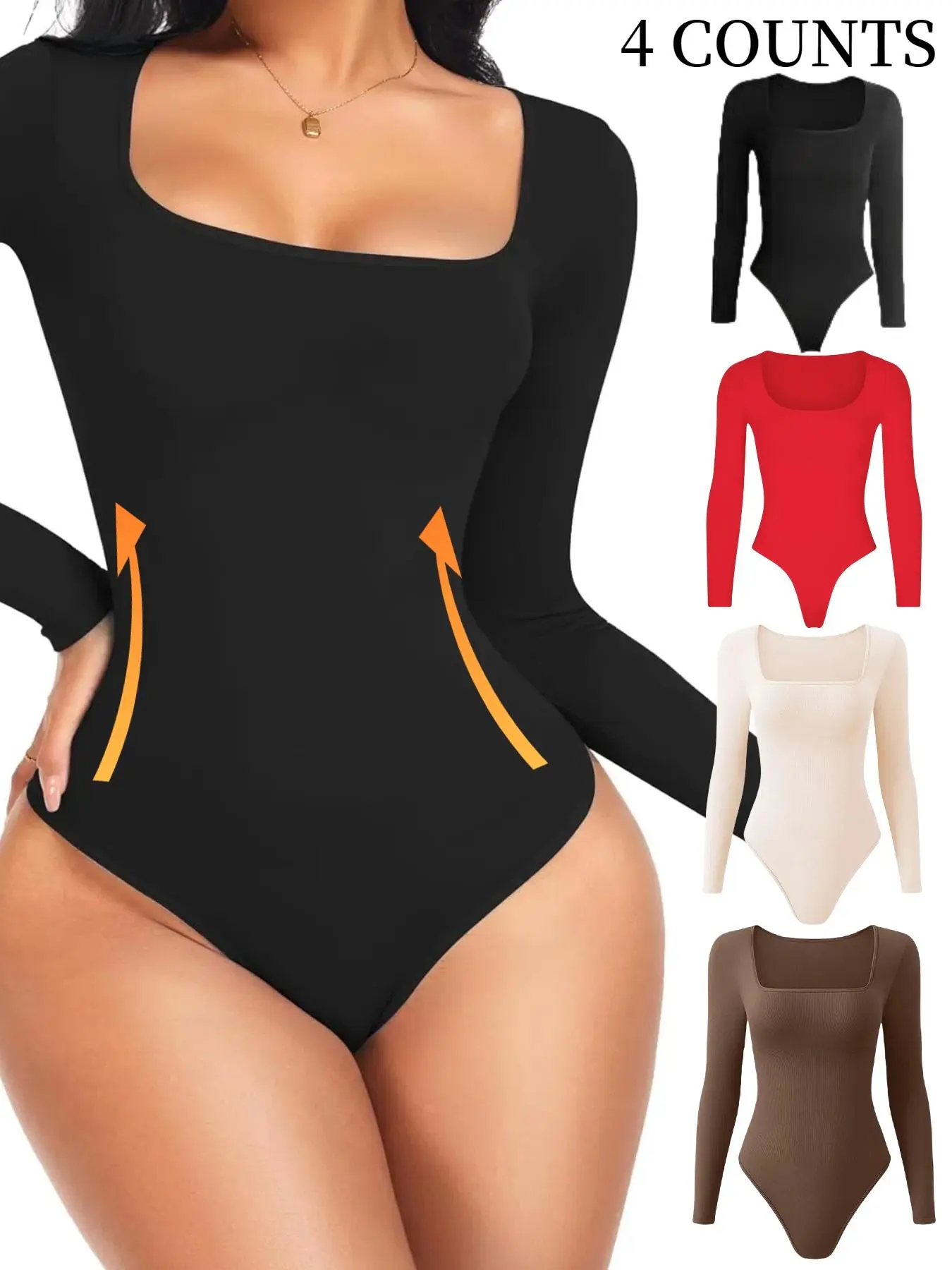 Women's Solid Square Neck Long Sleeve Shapewear Bodysuit, Casual Comfy Tummy Control Butt Lift Shaper, Ladies Shapewear for All Seasons Valentine's Day, Gift, Bodysuits for Women