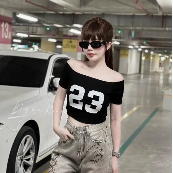 Áo bẹt vai tay ngắn thun bozip đủ màu in số 23 Women Nữ Top Shirt trễ vai aosang chanh 3
