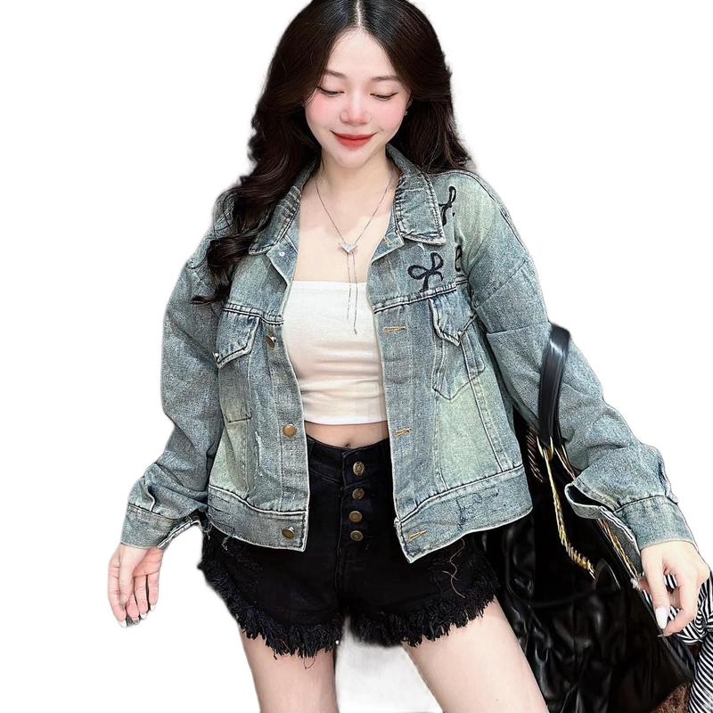 Áo Khoác Jean Croptop Oát Loang Thêu Nơ Vai,Phom Ngắn Dành Cho Nữ Chất Denim Freesize Dưới 55kg.Huyền Thanh Shop Women Jacket Ong Green Pocket calem bò jeans aokho accroptop