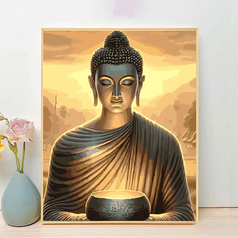 Tranh số hóa phật giáo - Phật nguyện ước - Tranh tô màu theo số đã căng khung 40x50cm gồm bộ màu theo tranh, 3 cọ vẽ, sơn bóng, dụng cụ treo tranh Vẽ Tranh Làm Đồ Handmade DIY 0