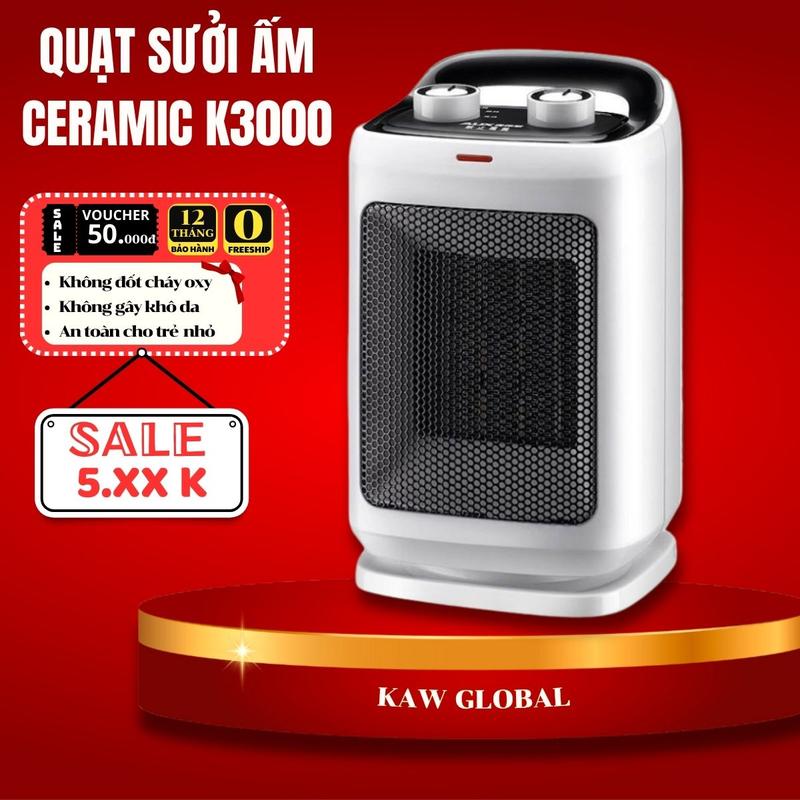 KAW Quạt Sưởi Gốm Ceramic K3000 Công Suất 1500W Làm Ấm Nhanh An Toàn Không Đốt Cháy Oxy 2 Chế Độ Quạt Gió Ấm Nóng Hàng Chính Hãng BH 12 Tháng