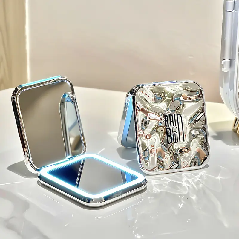 Gương Trang Điểm Mini Gấp Gọn, Có Đèn LED, Phóng Đại 2X, Kích Thước Bỏ Túi Nhỏ, Cầm Tay, Thích Hợp Đi Du Lịch, Gương Mỹ Phẩm, Có Cáp Type-C, Có Thể Sạc Lại 0