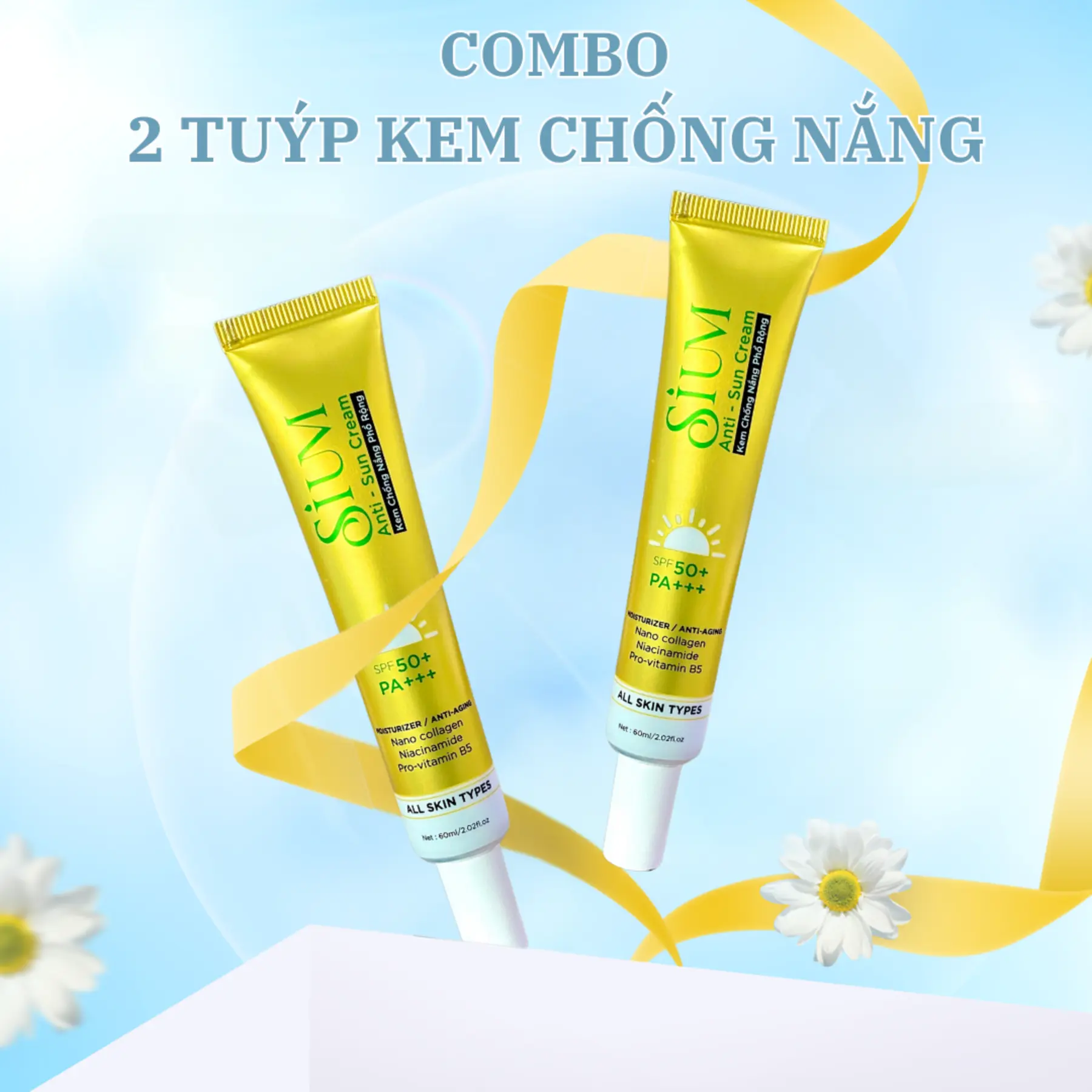 Combo 2 Tuýp: Kem Chống Nắng Sium SPF50+ Tuýp Lớn 60ml - Phù Hợp Cho Da Nhạy Cảm ChốNg NắNg Chăm Sóc Da