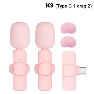Mikrofon Lavalier Tanpa Wayar, K9, Warna Merah Jambu dan Putih, dengan Palam dan Main Jenis-C / IOS Bawal, Mikrofon Pembatalan Bunyi Tanpa Wayar Bluetooth Audio Peranti Phones Suara Mic