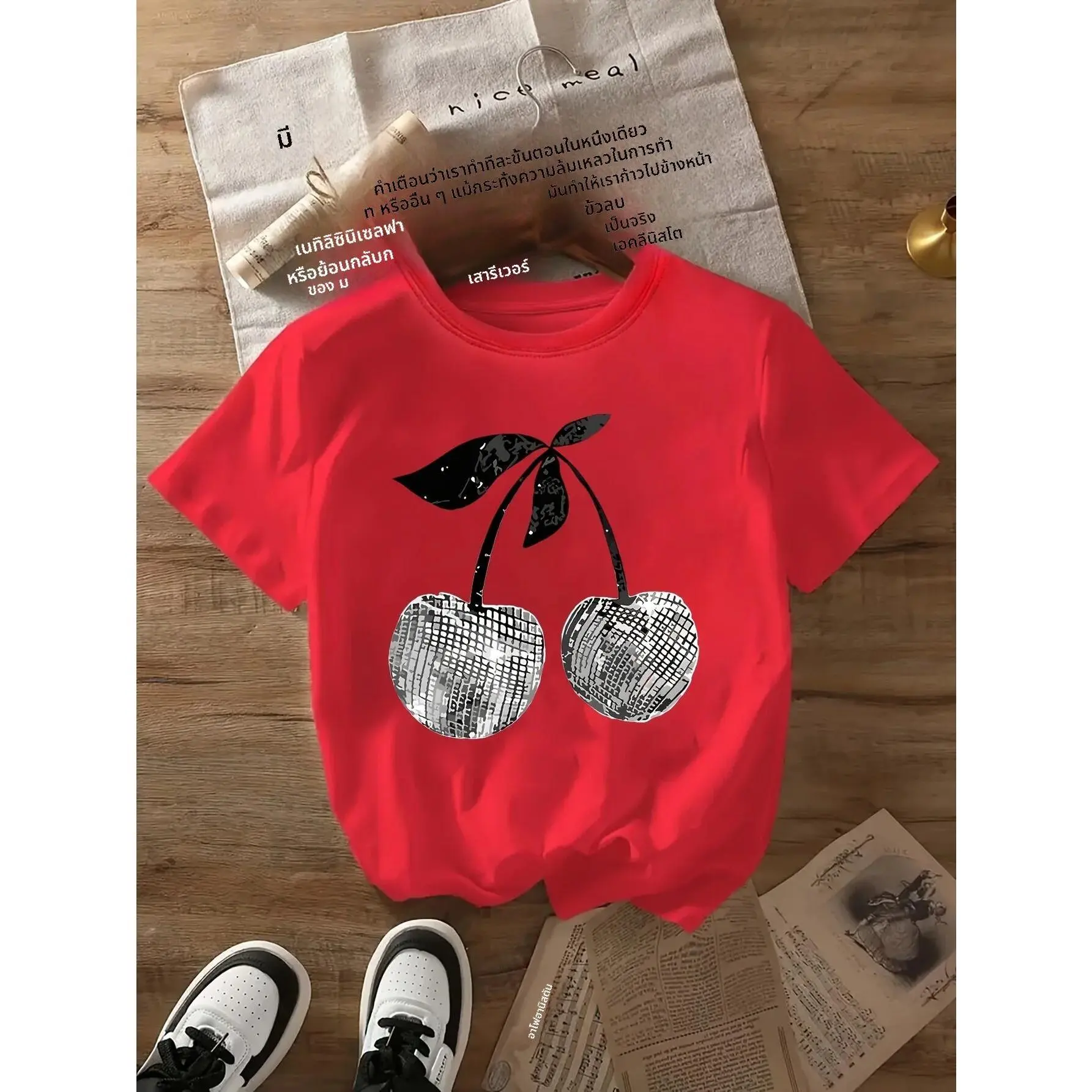 Silver Cherry Graphic Print T-Shirt Short Sleeve Crew Neck Casual Top for Summer & Spring Women's Clothing
