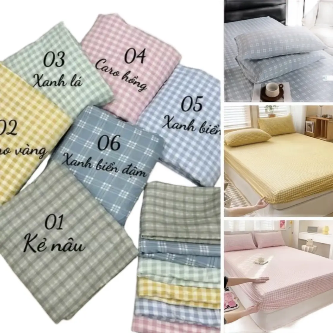 Bộ 3 món Ga Gối Cotton Đũi Kẻ Carro