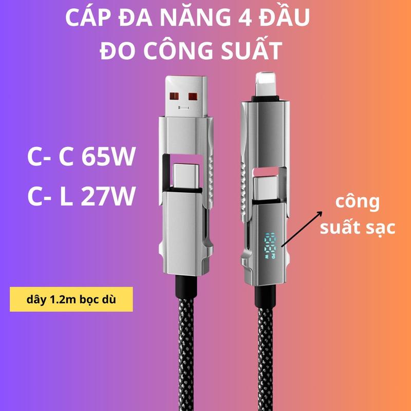 Cáp Sạc Nhanh Đo Công Suất 4 in 1 - Hiển thị công suất sạc, dây bọc dù bền bỉ, sạc nhanh tối đa 65w cho type C và 27w PD cho C-L- Phụ Kiện USB