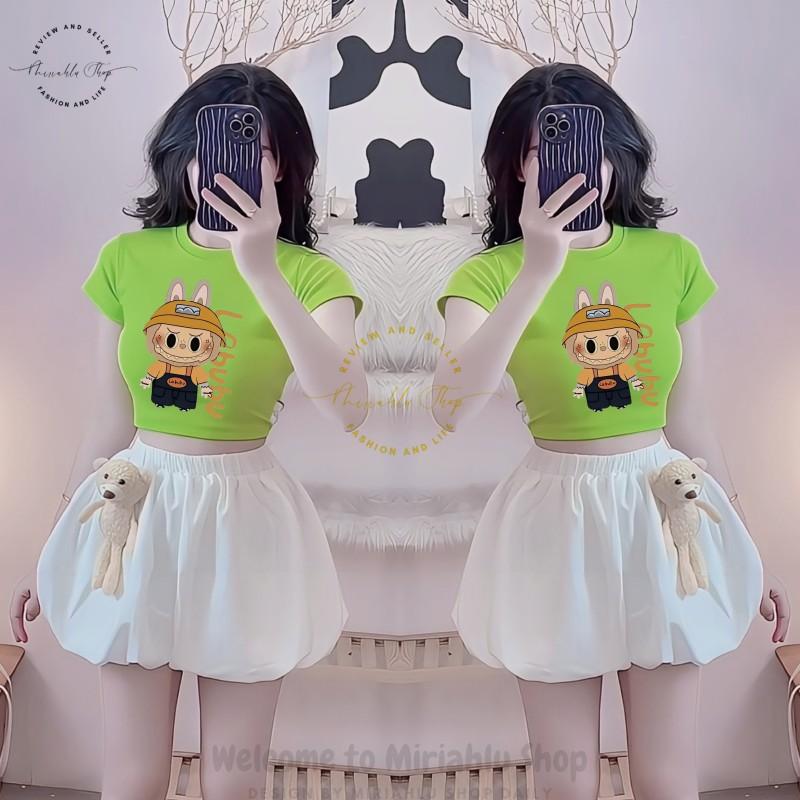 Product Introduction of Áo Thun Nữ Croptop Borip Basic Ôm Body In Hình Labubu Cam Nón, MLS237, Nữ Women Top Voi Dáng Ngắn Cổ Tròn Sọc Sò 38