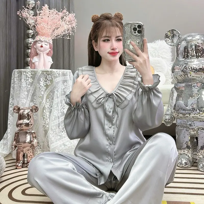 [M2] Đồ bộ pijama (40-58kg) vải lụa latin tơ tằm phối voan tiểu thư