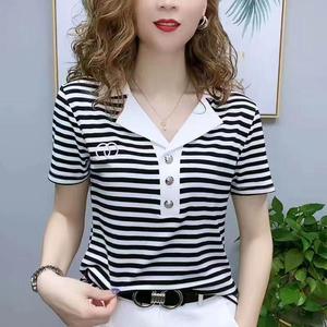 Free Shipping Internet Celebrity Fat Girl Can Wear Suit Collar Striped Lapel T-shirt Women Cotton Short Sleeve Fit and thin Stretch Plus Size blouse Ladies Polo Shirt Fashion