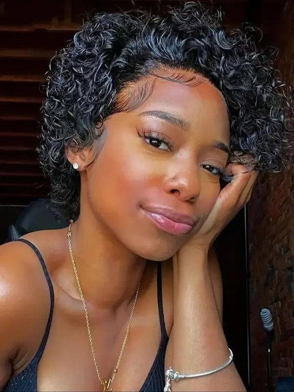 6 Inch Short Wavy Afro Wig for Women, Gorgeous Fluffy Human Curly Wig with Blunt Bangs, Human Hair Wigs for Party, Daily Use 4