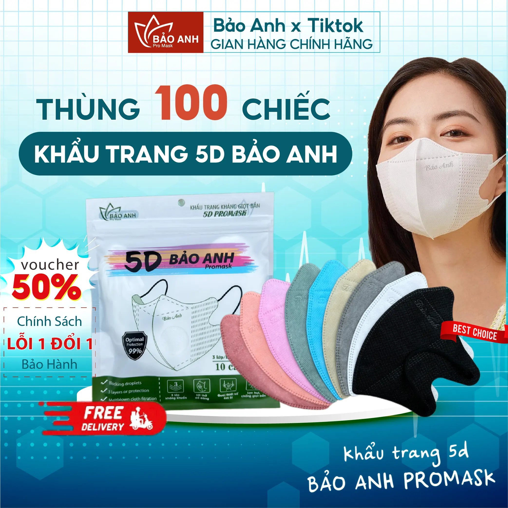 [Thùng 100 Cái] Khẩu Trang 5D Y Tế Bảo Anh Promask 3 Lớp Kháng Khuẩn, Khẩu Trang Chống Tia UV Đủ Màu Cao Cấp