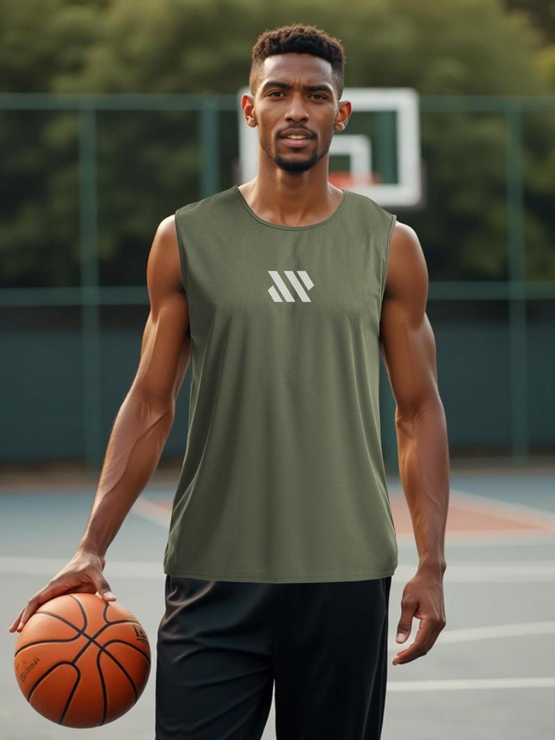 Product Introduction of Sporty Men's Geometric Print Round Neck Sports Tank Top, Regular Fit Quick Drying Breathable Sleeveless Sports Top for Gym Workout Running, Casual Sportswear for Men 1