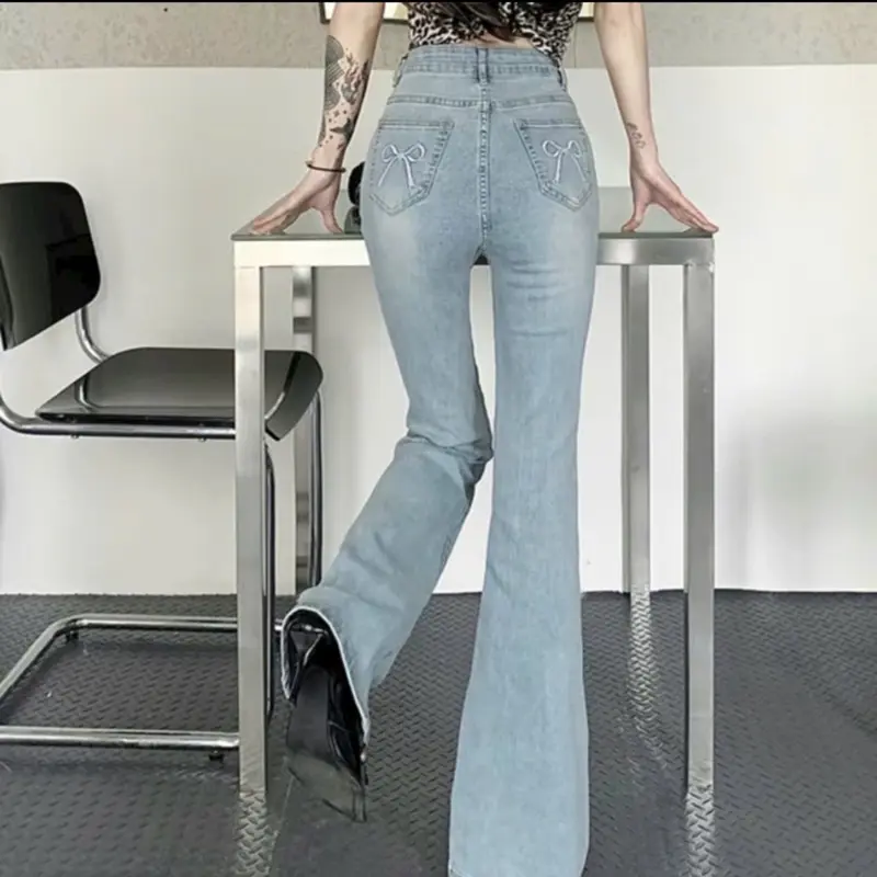 Quần jeans ống loe túi sau thêu hoạ tiết nơ lưng cao co dãn phong cách hàn quốc 8