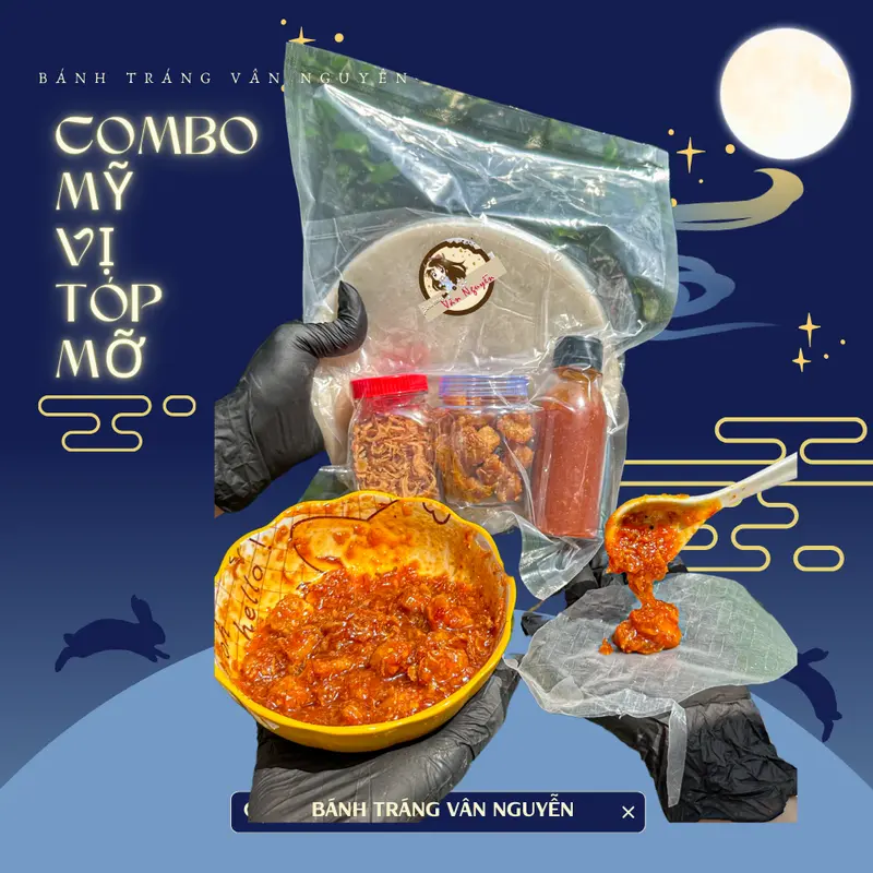 Combo sốt mỹ vị tóp mỡ bánh tráng phơi sương, sốt mỹ vị, tóp mỡ, hành phi. Bánh Tráng Vân Nguyễn ăn vặt Gia Vị Nước Sốt Cay Chua 0