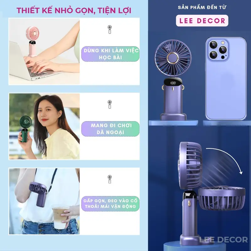 Quạt Tích Điện CHÍNH HÃNG Cao Cấp 10.000mAh , Tặng Kèm Viên Nén & Lọ Tinh Dầu & Sticker, Màn Hình Led Trực Quan, 5 Cấp Độ Gió Sử Dụng 12-15 Tiếng, Giá Đỡ Điện Thoại, Dây Đeo Cổ Du Lịch Hè. 4