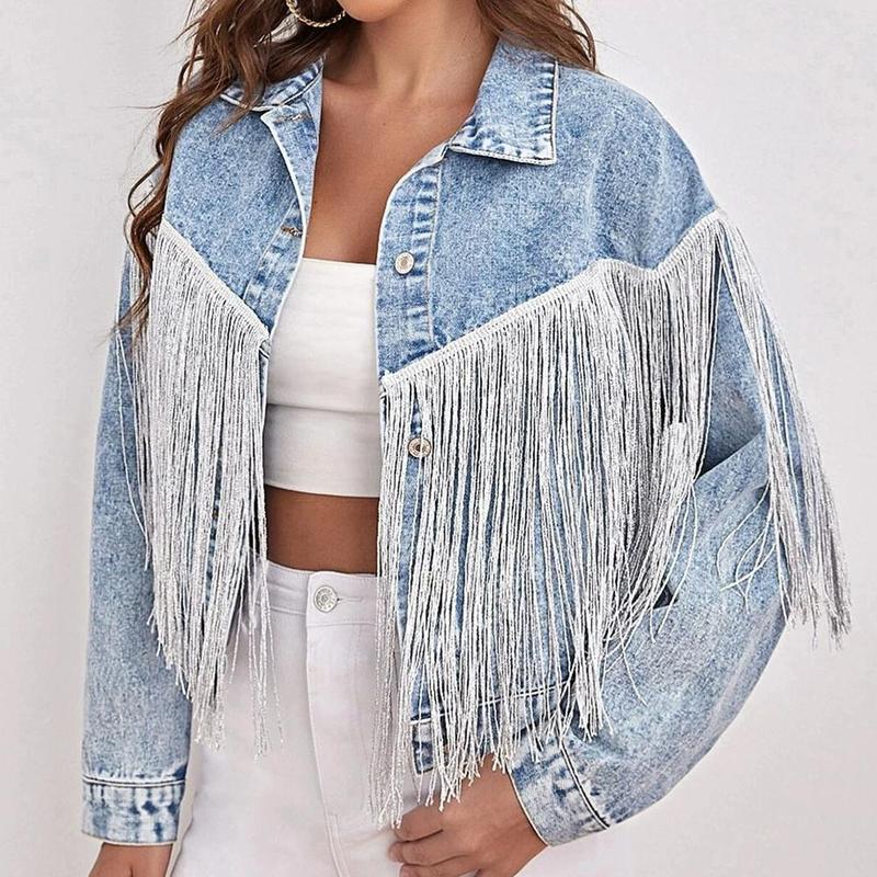 Product Introduction of Short Fringed Denim Jacket Light Blue Loose Fit Club Stage Style Spring Summer New Arrival Women's Fashion Outerwear Top 28