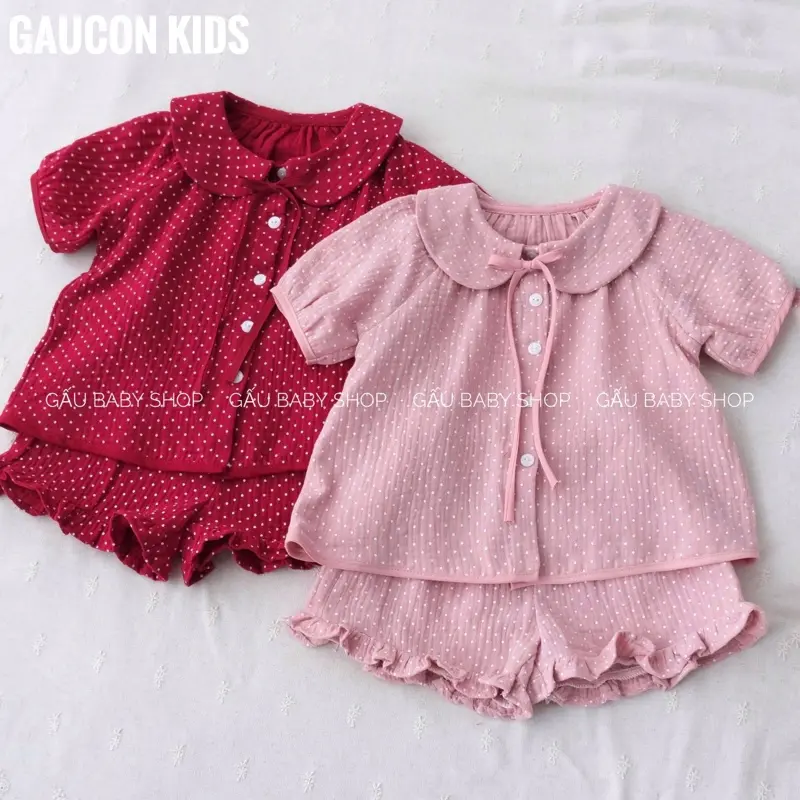 Bộ đồ mặc nhà bé gái cổ tròn chất liệu xô muslin hoạ tiết chấm bi cho bé 8-22kg (B142)