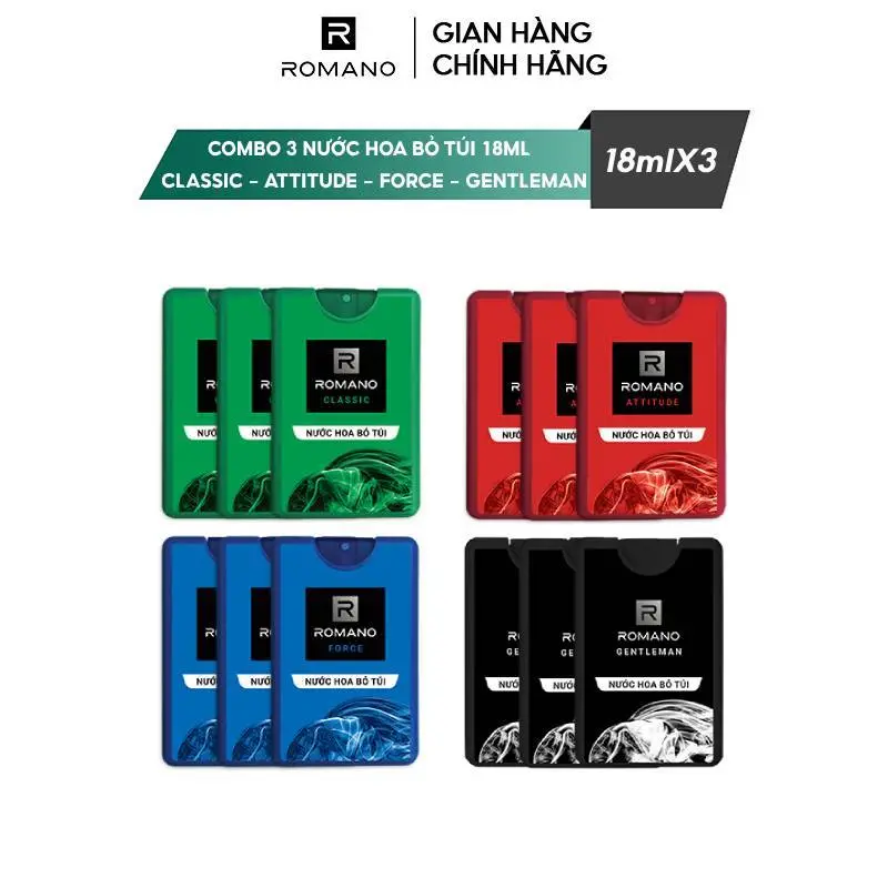 Combo 3 Nước hoa nam bỏ túi Romano 18ml/chai Xịt Thơm
