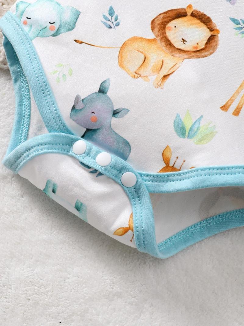 Product Introduction of Two-Piece Set Newborn Infant Baby Boys Outfits, Cute Cartoon Animal Print Short Sleeve Contrast Binding Bodysuit & Pants & Hat Set, Infant Kids Clothes for Daily Wear 3