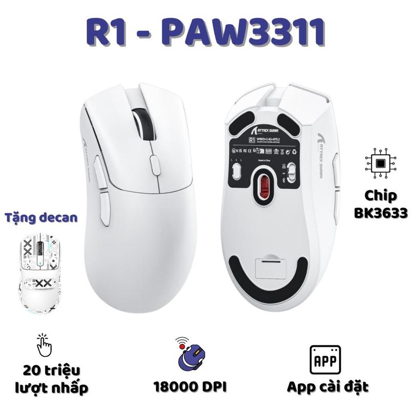 Chuột Gaming Không Dây Ziyou Attack Shark R1 Siêu Nhẹ Chip Paw3311 Có App và Chế Độ Kết Nối Bluetooth / 2.4G / Type-C