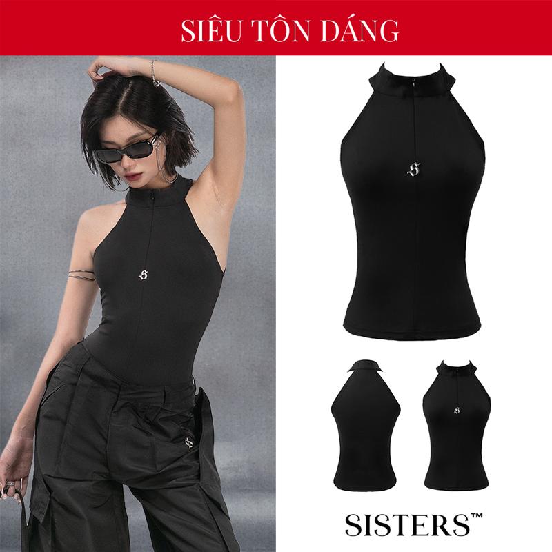 Áo Tank Top nữ sát nách cổ cao dáng ôm màu đen phối khóa kéo Sisters I SS-T36
