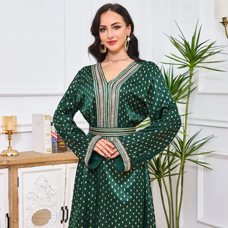 2025 Middle East Women's New V-neck Abaya Robe Muslim Large Swing Long Dress Bronzing Dress 2