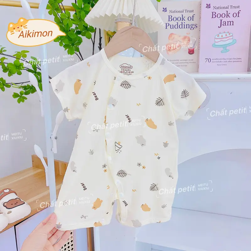 Áo liền quần ngắn tay, Jumpsuit cộc tay vải peptit mềm mát co giãn tốt cho bé trai bé gái sơ sinh từ 3-9kg BD01 4