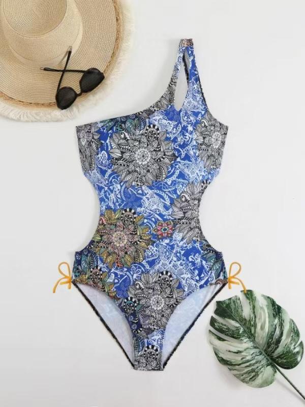 Women's Floral Print One Shoulder Tie Back Cut Out One-Piece Swimsuit, Boho Fashion Casual Swimwear for Beach Holiday Vacation, Ladies Swimsuit for All Seasons 3