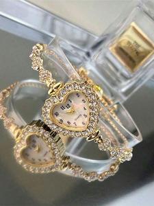 Reloj de cuarzo elegante para mujer con decoración de diamantes de imitación en forma de corazón, reloj de pulsera y pulsera exquisitos y modernos, conjunto de reloj a la moda como regalo
