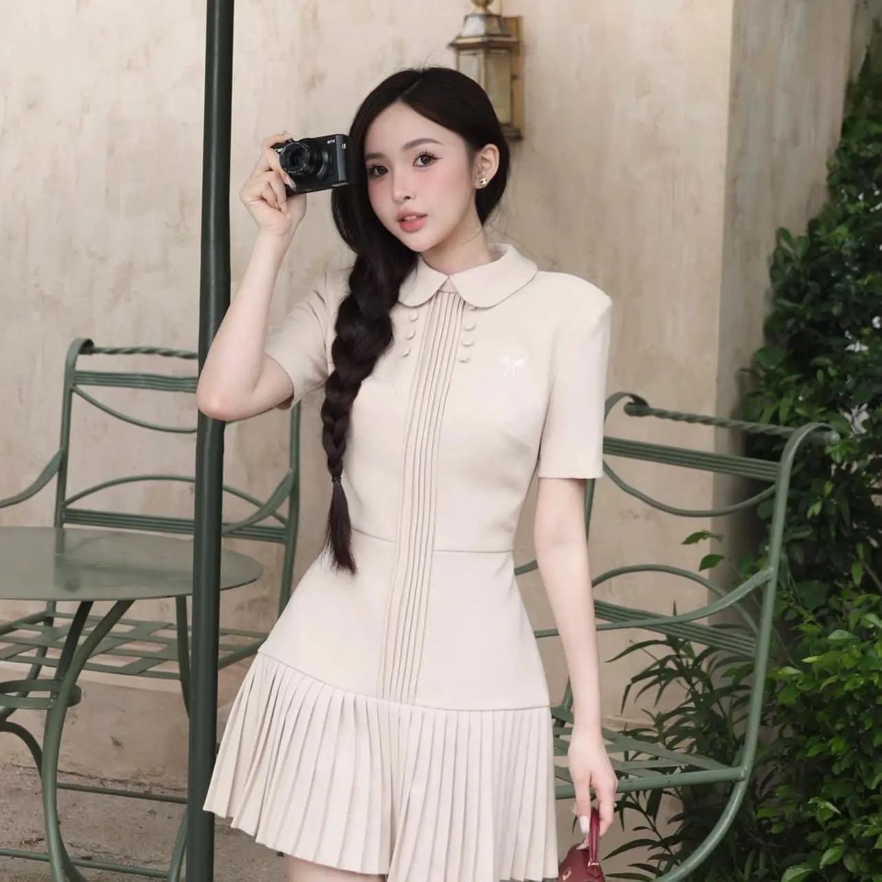 Đầm Váy Thiết Kế Cổ Sen Cộc Tay Cúc Bọc Xếp Ly Thân Trước Tiểu Thư Thanh Lịch - LS00088