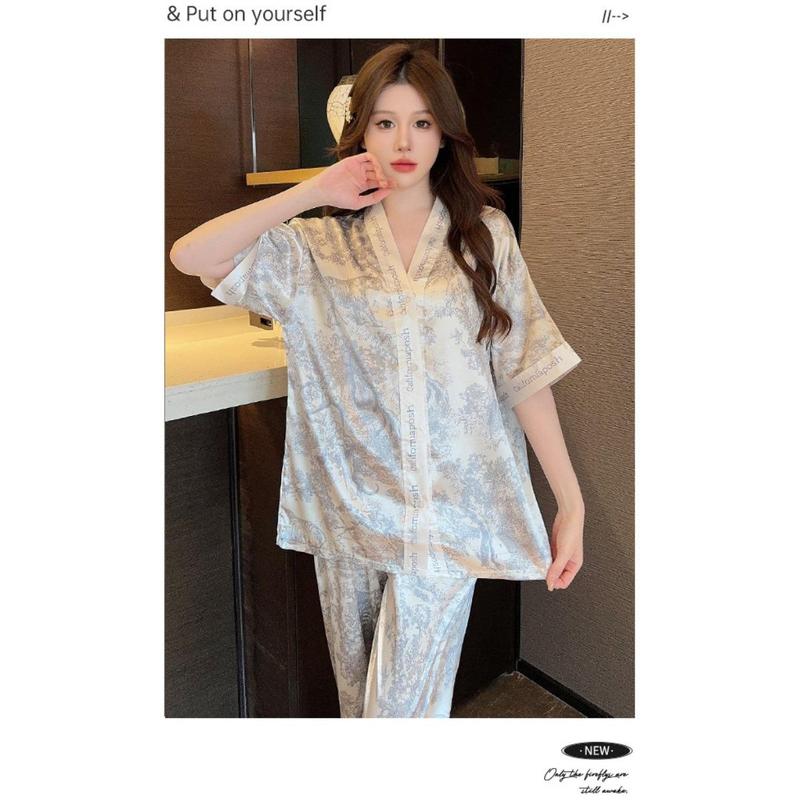 Bộ Đồ Ngủ Pijama Cao Cấp, Phong Cách Pháp, Quần Dài Ngắn Tay, Chất Liệu Lụa Lạnh Dành Cho Nữ, Thích Hợp Mặc Nhà, [Thanh Toán Khi Nhận Hàng] 8